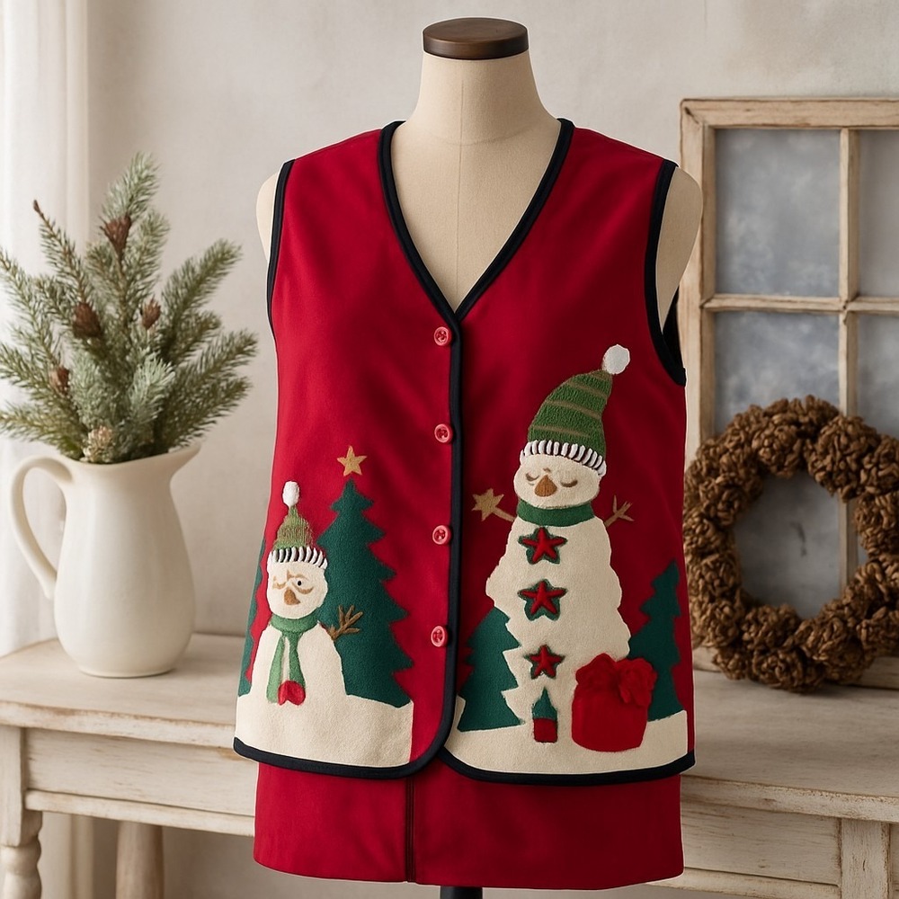 Women's Christmas Vest Snowman Trees Fleece Appliqué Red Holiday Button L